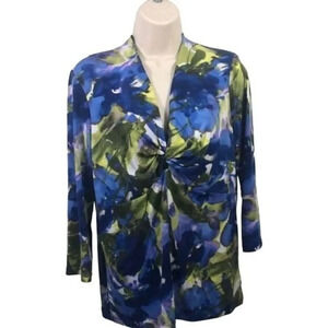 Floral Print Twist‎ Front Long Sleeve Top Blouse Shirt Blue Green